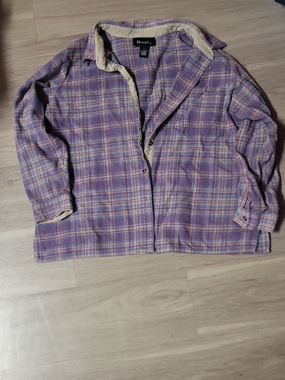 Denim&Co Lavender and Cream Plaid Button-Front Shirt